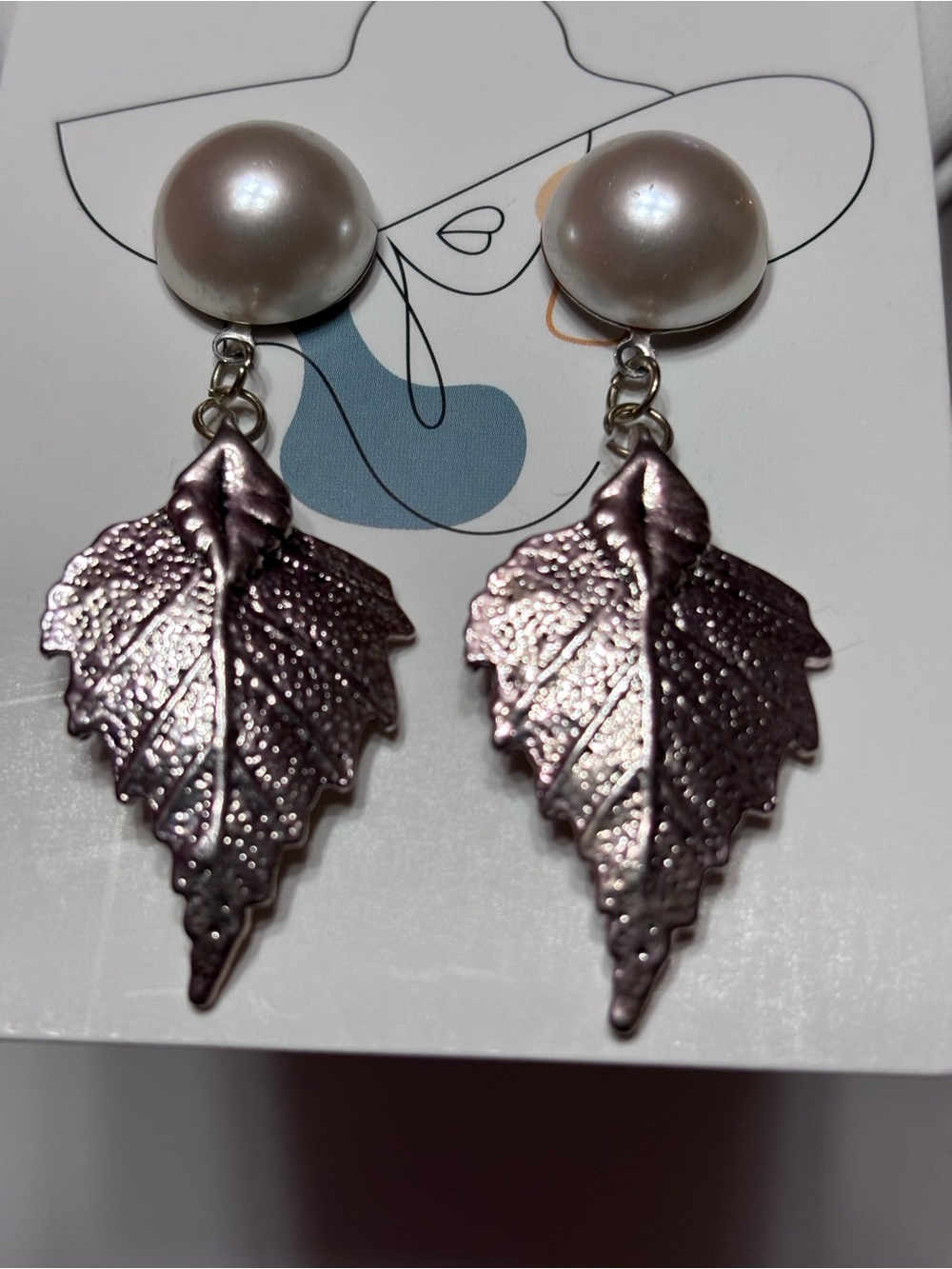 Handmade Faux Pearl Drop Earrings with Pewter Metallic Leaf Focal 2 inches